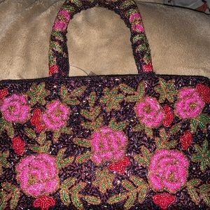 Vintage Floral Design Glass Beaded Hand Bag